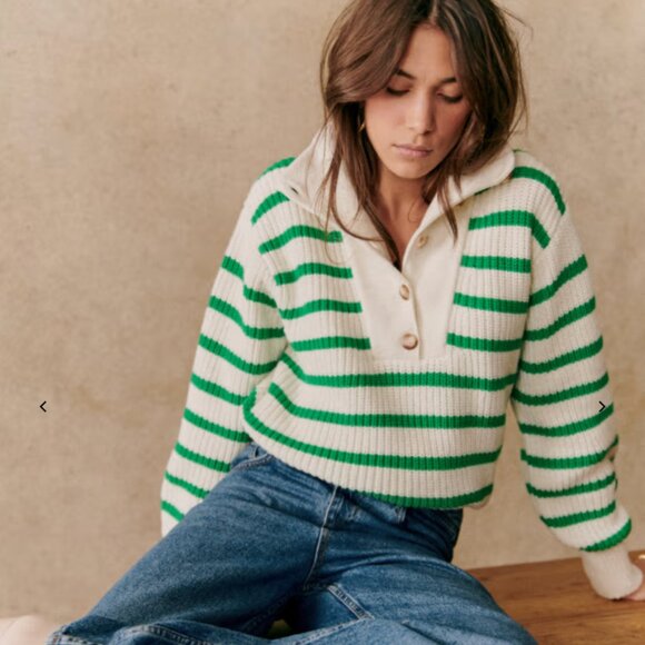 LA Maille Sezane Kyam White and Green Striped Jumper with Buttons - Picture 2 of 9